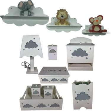Imagem de Kit Higiene Bebe Mdf Nuvem Cinza + 3 Nichos Nuvem Brancos - Flores par