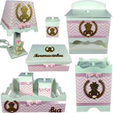 Imagem de Kit Higiene bebê Mdf 8 peças menina -  CHEVRON ROSA DE URSINHA - Flore