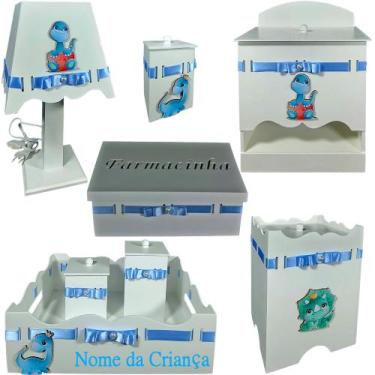 Imagem de Kit de Higiene bebê mdf menino masculino DINOSSAURO MENINO BRANCO AZUL