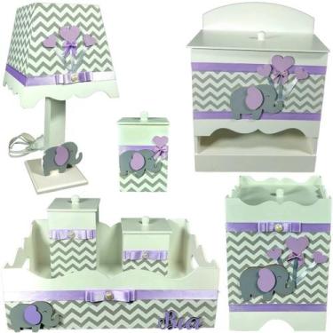 Imagem de Kit Higiene bebê Mdf menina 7 pçs - CHEVRON CINZA ELEFANTE LILAS - Flo