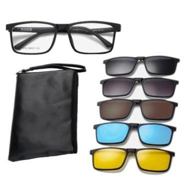 Imagem de Óculos de Grau com 5 Clips Magnéticos de Sol, Armação Preta Retangular, Kit 6 em 1 com Estojo