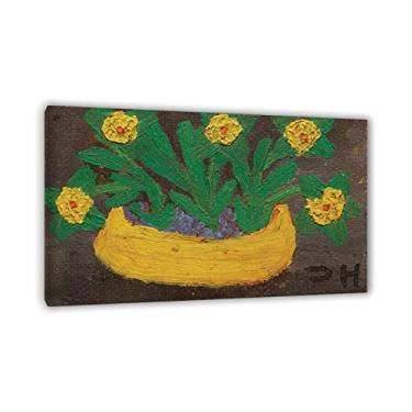 Imagem de Impressões de Clementine Hunter - pinturas famosas pôsteres de arte de parede - reprodução em tela - 'Zinnias em tigela amarela - emoldurado pronto para pendurar arte de parede em tela imagens de