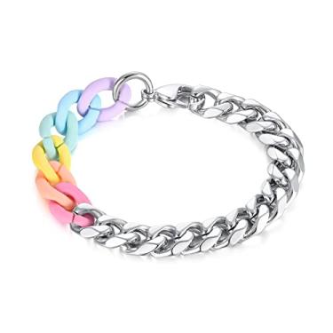 Imagem de FPHNUY Pulseira masculina de silicone arco-íris de aço inoxidável, corrente macaron altamente polida, 20 cm, Aço inoxidável, Sem Pedra Preciosa