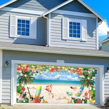 Imagem de Capa para porta de garagem de praia tropical de 4,6 x 1,8 m, decoração de fundo de verão, palmeiras havaianas, céu azul, mar, flamingo, garagem, amigo, festa, bandeira, fundo fotográfico