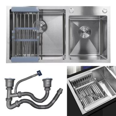 Imagem de Cuba Cozinha Dupla Goumert Aço Inox Escorredor Luxo Lava Louça Alimentos Limpa Pia Balcao Bancada Area Externa