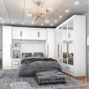 Imagem de Quarto De Casal Completo 5 Peças 6 Portas 4 Gavetas com Maleiro e Espelhos Smart Plus Branco