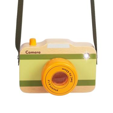 Imagem de WoodenEdu Mini câmara de brinquedo de madeira com sons reais e luz para crianças pequenas de 1, 2 e 3 anos, acessórios fotográficos para pendurar no pescoço para meninos, meninas e meninos 1 unidade