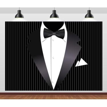 Imagem de CORFOTO Pano de fundo de smoking listrado de tecido de 2,1 x 1,5 m preto smoking branco gravata borboleta terno cavalheiro cenários de aniversário smoking decoração de festa masculino dia dos pais