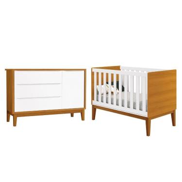 Imagem de Jogo De Quarto Infantil Cômoda 1 Porta E Berço Classic Branco Savana Com Pés Amadeirado - Reller Móveis Branco Savana