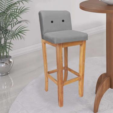 Imagem de Banqueta Alta Com Encosto Aila Balcão Bistrô Base Madeira Maciça Suede Cinza Botão Preto- Ahz Móveis