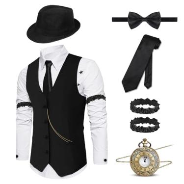 Imagem de Sekepingo Conjunto masculino charmoso Gatsby Custome da década de 1920, colete e chapéu, acessórios para festa temática dos anos 20 e 30, Preto-7009, XXG