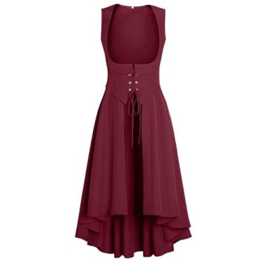 Imagem de Eunchaes Fantasia feminina renascentista medieval vestido camponês sob o busto pirata fada vestidos altos baixos com bolsos (Z3884RD, M)