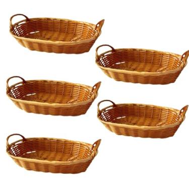 Imagem de 5 cestas de pão de vime poli com alça, cestas ovais de armazenamento de frutas de vime de 30 cm – cesta de presente vazia empilhável para legumes, servir comida, exibição, ao ar livre, laranja
