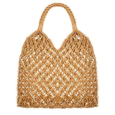 Imagem de Bolsa de viagem para praia, rede de pesca, bolsa de ombro tecida, corda de algodão, macramê, bolsa de praia de crochê para mulheres, Camelo, Large