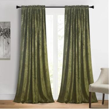 Imagem de Roslynwood Cortinas luxuosas de veludo com estampa de folha dourada verde musgo 228,6 cm de comprimento com bolso para varão com isolamento térmico, cortinas blackout para sala de estar/quarto/sala de
