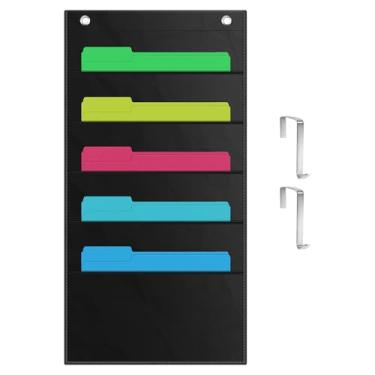 Imagem de ZKOO Organizador de arquivos de parede com 5 bolsos para documentos tamanho A4 em papel/legal/carta, organizador de parede resistente com bolso preto, ótimo para sala de aula, escritório, uso