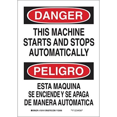 Imagem de Brady Placa bilíngue 124142, legenda "This Machine Starts and Stops Automatically", 35,5 cm de altura, 25,4 cm de largura, preto e vermelho em branco