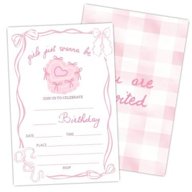 Imagem de Convites de aniversário de bolo, convite de festa de aniversário de laço rosa, design ondulado, preenchimento de convite com envelopes, 20 cartões com 20 envelopes, lembrancinha e decoração de festa