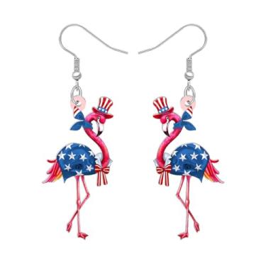 Imagem de DALANE Brincos de flamingo rosa tropical 4 de julho de acrílico com bandeira americana, brincos com pingente patriótico, joias, presentes de pássaros para mulheres, amuletos de pássaros, Medium