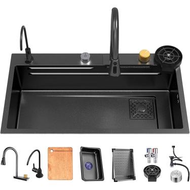 Imagem de Pia De Cozinha Em Cascata Preta, Pia Inteligente De Aço Inoxidável, Pia De Bar De Tigela única, Pia De Cozinha De Estação De Trabalho, Com Acessórios, Black, 70x50x22cm