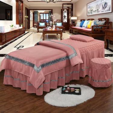 Imagem de Conjuntos de lençóis de mesa de massagem spa beleza capa de cama 4 peças microfibra massagem saia de cama macia cor sólida colchas salão fumigação roupa de cama conjunto de cama com furo colcha