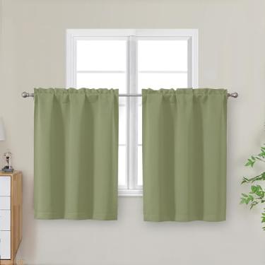 Imagem de OWENIE Cortinas de cozinha verde sálvia 76 cm de comprimento, pequenas cortinas blackout com isolamento térmico camada sobre a pia, bolso para varão, meia janela para banheiro, quarto, acampamento