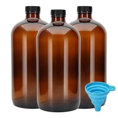 Imagem de eispap 3 garrafas Boston de vidro âmbar de 947 ml com tampas de cone de poliéster fenólico. Garrafas de vidro perfeitas para laboratório, fermentação, armazenamento de kombucha, preparação e suco. (3)