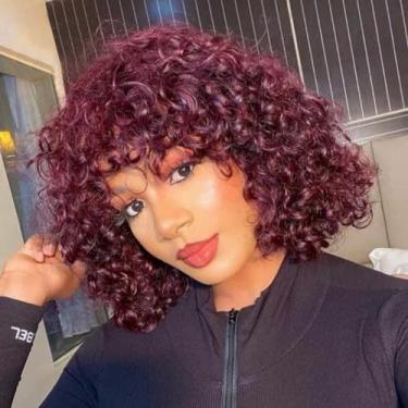 Imagem de IMAYLI Perucas De Cabelo Humano, Peruca Curta E Cacheada Com Franja, Corte Pixie 25 Cm, Para Mulheres Negras, Sem Renda Frontal, Cor Bordô 99J, Funmi, Cola