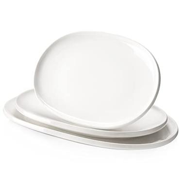 Imagem de DOWAN Prato de servir grande, pratos de servir de 40,6 cm/35,5 cm/30,4 cm para comida de peru, travessas ovais brancas conjunto de 3, travessas de porcelana para servir pratos seguros para entretenimento, festa, ação de graças