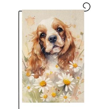 Imagem de TopPacific Cocker Spaniel com margarida branca bandeira de jardim 30,5 x 45,7 cm bandeiras sazonais ao ar livre e faixas de linho dupla face grande bandeira de quintal polegadas para decoração de casa