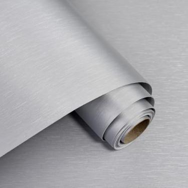 Imagem de Papel de parede metálico para papel de parede acetinado prateado 49,9 cm x 499,9 cm Papel de parede espesso moderno autoadesivo removível para armários de cozinha, bancadas, geladeira