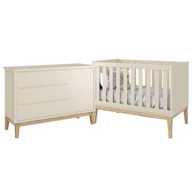 Imagem de Jogo De Quarto Classic Cômoda Com Porta E Berço Areia Fosco Com Pés Madeira Natural - Reller Móveis Areia Fosco