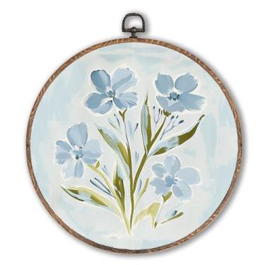 Imagem de Hxlac Arte de parede redonda floral azul claro emoldurada, decoração de parede redonda botânica azul aquarela, flores silvestres estéticas, impressões em tela, esculturas de parede para banheiro