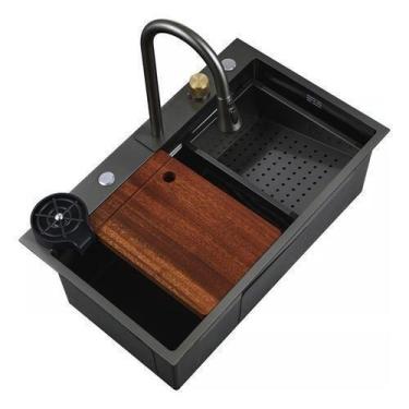 Imagem de Cuba Cozinha Completa Torneira Lavador Copos Cascata - Black - Sensi D