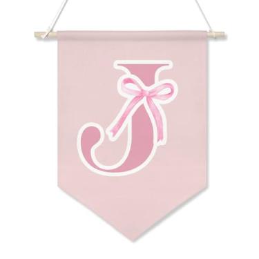 Imagem de Faixa de parede de lona com inicial ersonalized – Bandeira pendurada com laço rosa para meninas adolescentes, decoração de quarto estética Coquette, presentes fofos com monograma para quarto de