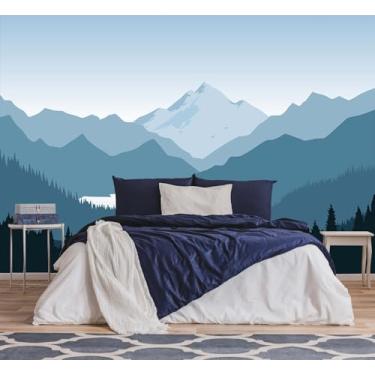 Imagem de Papel de parede de paisagem pintado à mão com montanhas e água, mural de decoração de fundo de parede grande, mural de parede traseira de sofá