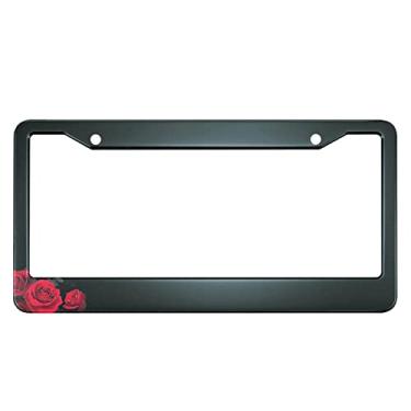 Imagem de HOSNYE Moldura de placa de carro de rosas vermelhas capa de placa de licença de metal molduras frontais moldura de etiqueta de carro para mulheres homens veículos padrão dos EUA