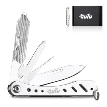 Imagem de OUTU Multiferramenta, chaveiro 6 em 1, ferramenta de bolso EDC de aço inoxidável com abridor de garrafa, chaves de fenda, ejetor SIM, pino de cartão de ejeção de engrenagem compacta com caixa de