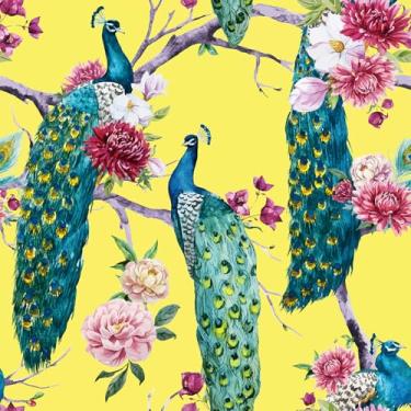 Imagem de YENHOME Papel de parede de pavão 43 cm x 600 cm, papel de parede vintage de pavão azul para quarto, banheiro, pássaro, azul, rosa, papel de parede floral, autoadesivo, amarelo, para armários, gavetas