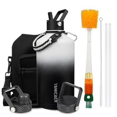 Imagem de YONICOER Garrafa de água isolada de 3,628 g, aço inoxidável a vácuo de parede tripla (pode ser lavada na lava-louças), à prova de vazamento e não BPA, jarro com alça de paracord e tampas de bico de