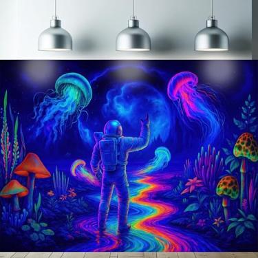 Imagem de Starlit Patio Tapeçaria de astronauta arco-íris luz negra UV reativa para pendurar na parede água-viva cogumelos galáxia rio para quarto sala de estar decoração psicodélica brilhante pôster triplo