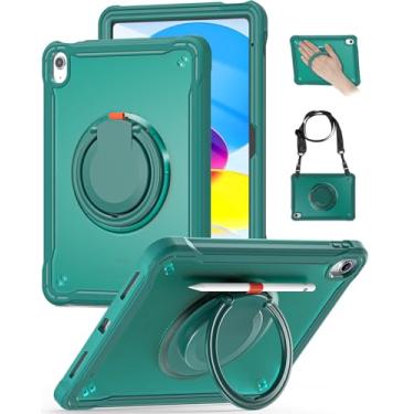Imagem de BRAECN Capa para ipad 10ª geração 2022 capa protetora robusta à prova de choque para iPad com suporte de lápis, suporte giratório de 360°, alça de ombro, verde meia-noite