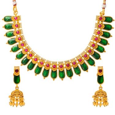 Imagem de Bodha Templo banhado a ouro fosco Kemp Palka Design com kundan, pérola com brinco Maching ajustável conjunto de joias Dori para mulheres (SJN_311)