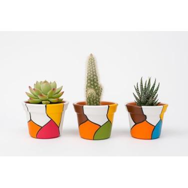 Imagem de Kit 3 Vasos de Cerâmica Pintados à Mão – Design Abstrato Colorido para Suculentas e Cactos