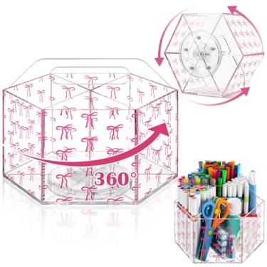 Imagem de Porta-canetas de mesa com laço rosa giratório de 360 graus, organizador de lápis de acrílico, 6 compartimentos, estético, transparente, pincel de maquiagem, suporte para exibição de canetas, presente