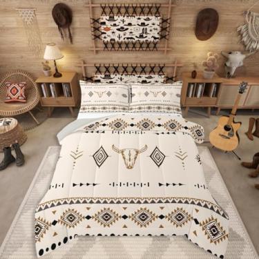 Imagem de Erosebridal Conjunto de cama King Size caubói ocidental, edredom com caveira de touro, para decoração de quarto de meninos, adolescentes e homens, colcha de chifres étnicos asteca boho, enchimento de