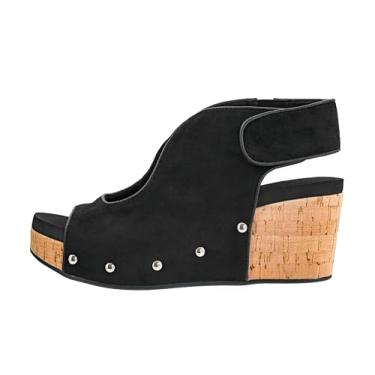 Imagem de Corkys Footwear Cunha feminina Frisky – com salto de 6 cm, salto de cortiça leve, tira ajustável no tornozelo e conforto o dia todo para um estilo sem esforço, Camurça sintética preta, 36