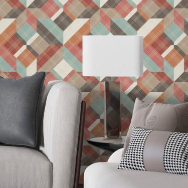 Imagem de Papel De Parede Linho Geométrico Vermelho E Verde Sala 3m - DELIQUADRO