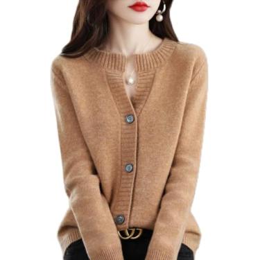 Imagem de Loose Outono E Inverno Novo 100% Puro Cashmere Das Mulheres Malha Cardigan Camada Externa Camisola Em Torno Do Pescoço Casaco, Golden Camel, L