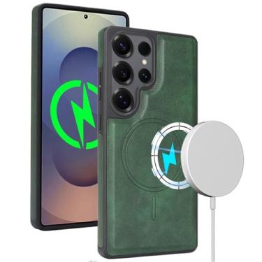 Imagem de HAOMRIYL Capa magnética para Samsung Galaxy S25 Ultra/S25 Plus/S25, capa de couro executiva, carregamento sem fio, à prova de choque, verde, S25plus